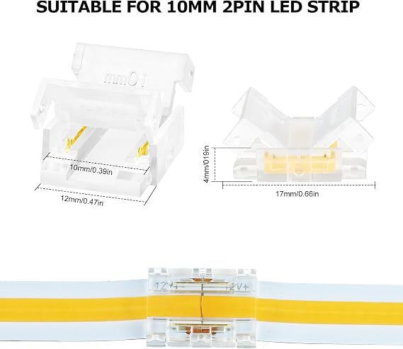 LightingWill LED Strip Connectors 2Pin 10mm, 10 Pack Strip to Strip Connector, Transparent Solderless LED Tape Light Connector, No Dark Area for COB and SMD 5050 Single Color LED Strips