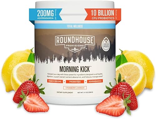 ROUNDHOUSE PROVISION Morning Kick, Zero Sugar Greens Superfood Powder Supplement with Ashwagandha, Collagen, Probiotics, Debloat Drink, 30 Servings