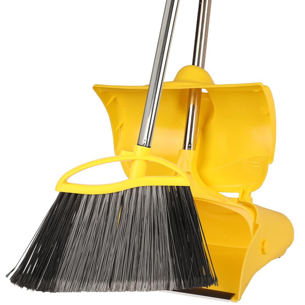 Scopa resistente per esterni e paletta, manico lungo 145 cm, scopa resistente con setole rigide, per la pulizia dei pavimenti, garage, patio, giardino, casa e cucina, paletta e spazzola