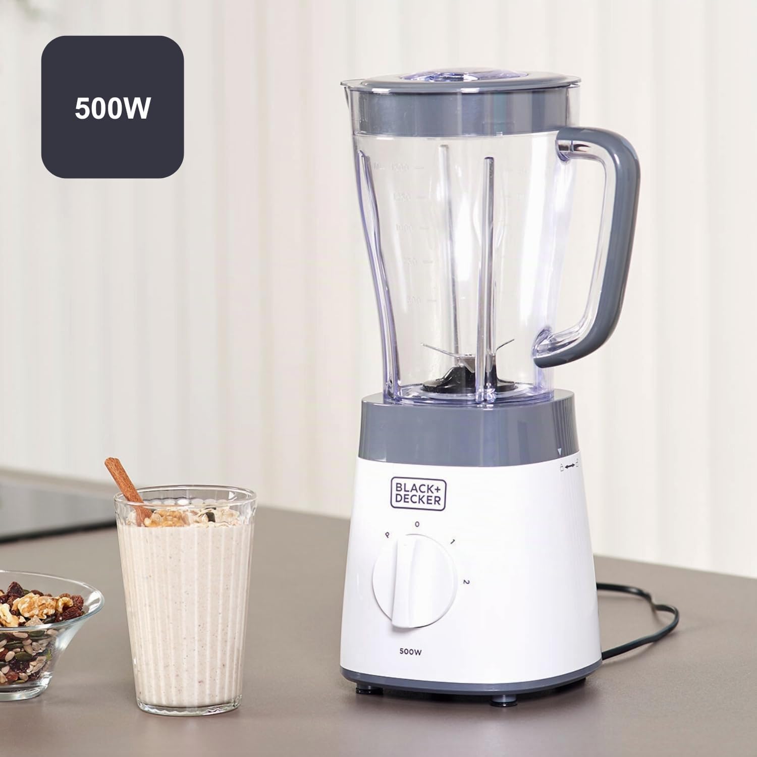 BLACK+DECKER BXJB500E - Blender mixeur 500W, bol en plastique 1.5L, 2 vitesses + Pulse, 4 lames en acier inoxydable, blanc et gris