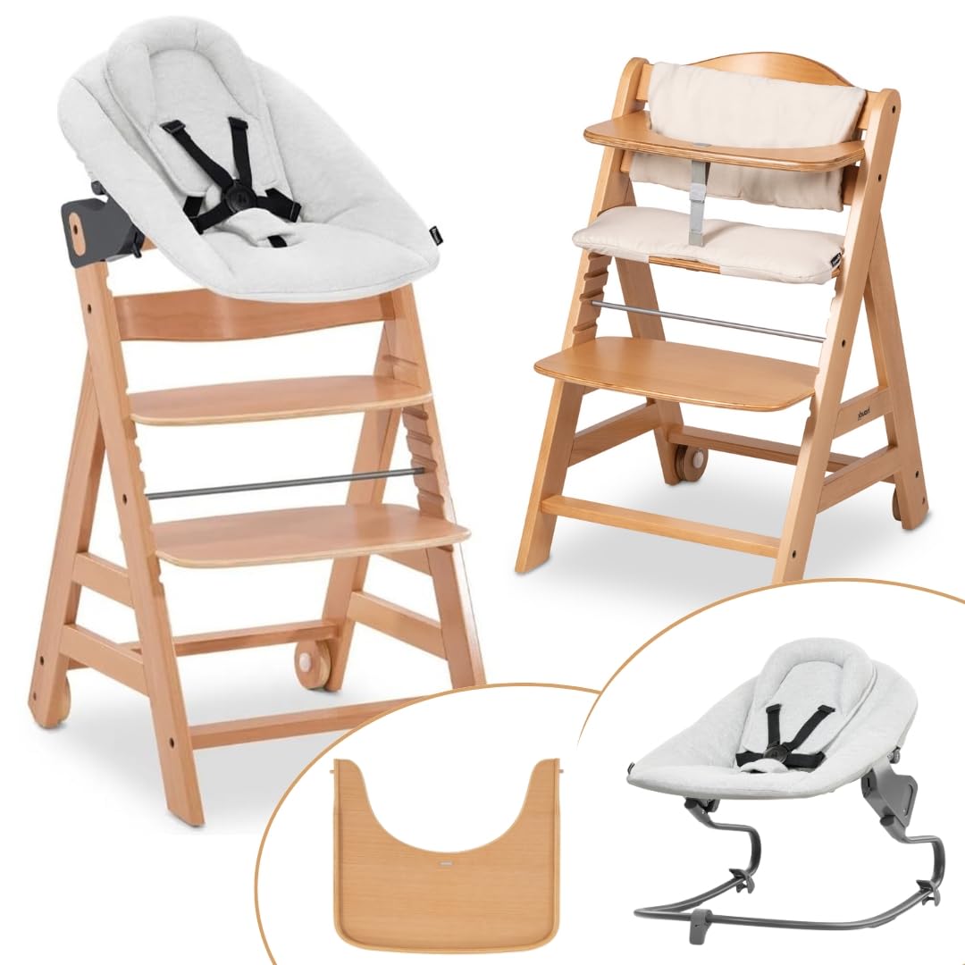 Hauck Beta Plus Natural 5-tlg. Newborn Set - Hochstuhl + 2in1 Neugeborenen-Aufsatz & Wippe Premium + Essbrett + Sitzkissen - Light Grey