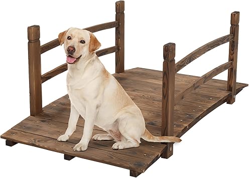 VINGLI 4 ft Garden Bridge, Arch Walkway Wooden Bridge with Safety Rails Carbonized Finished, Decorative Landscaping Footbridge for Koi Pond, Dry Creek Bed, Garden Pathway or Rustic Wedding Decor