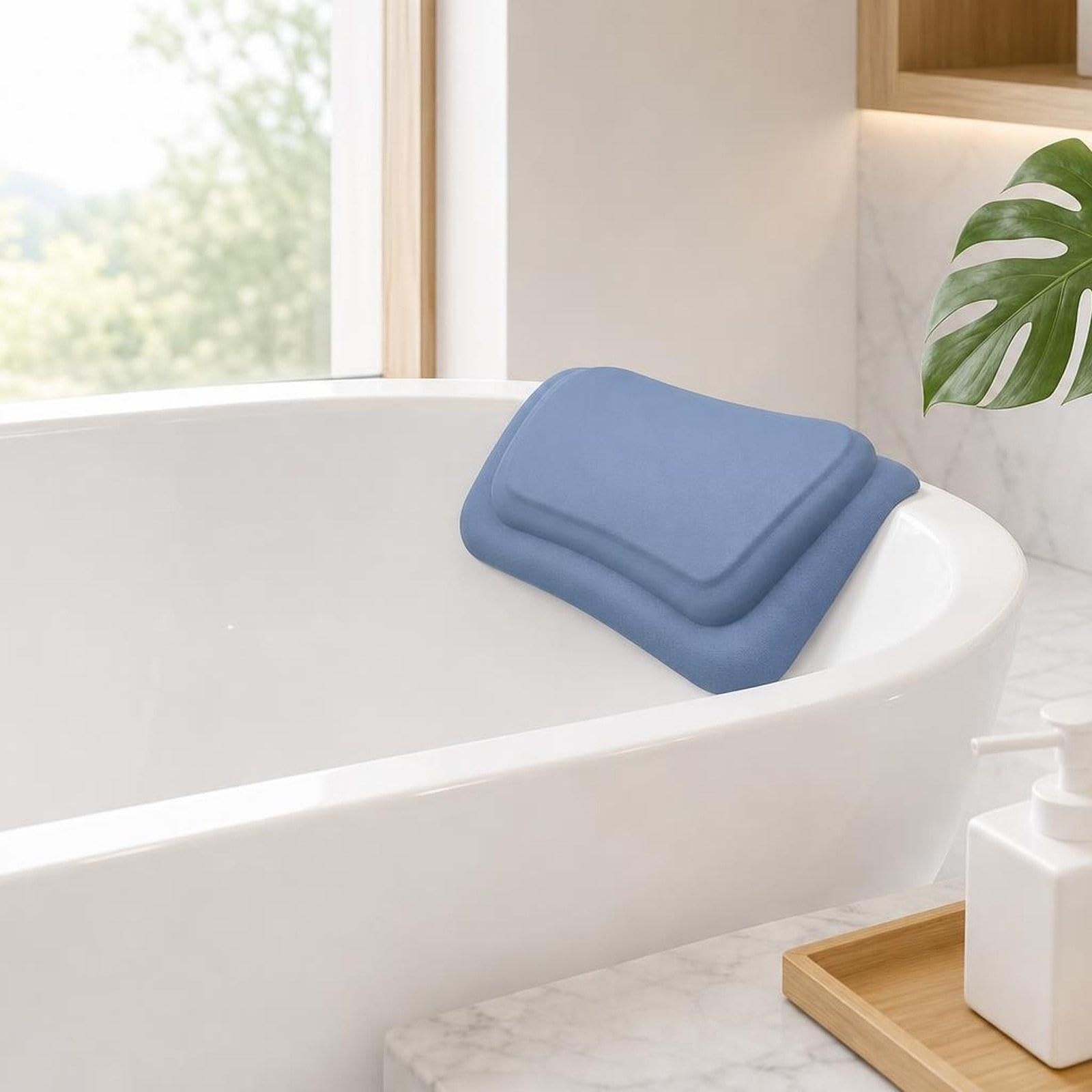 Cuscino Vasca Da Bagno Ergonomico Poggiacollo Morbido PU Accessorio Vasca con Ventose Sostegno Testa Adatto per Spa Casa Relax, Blu