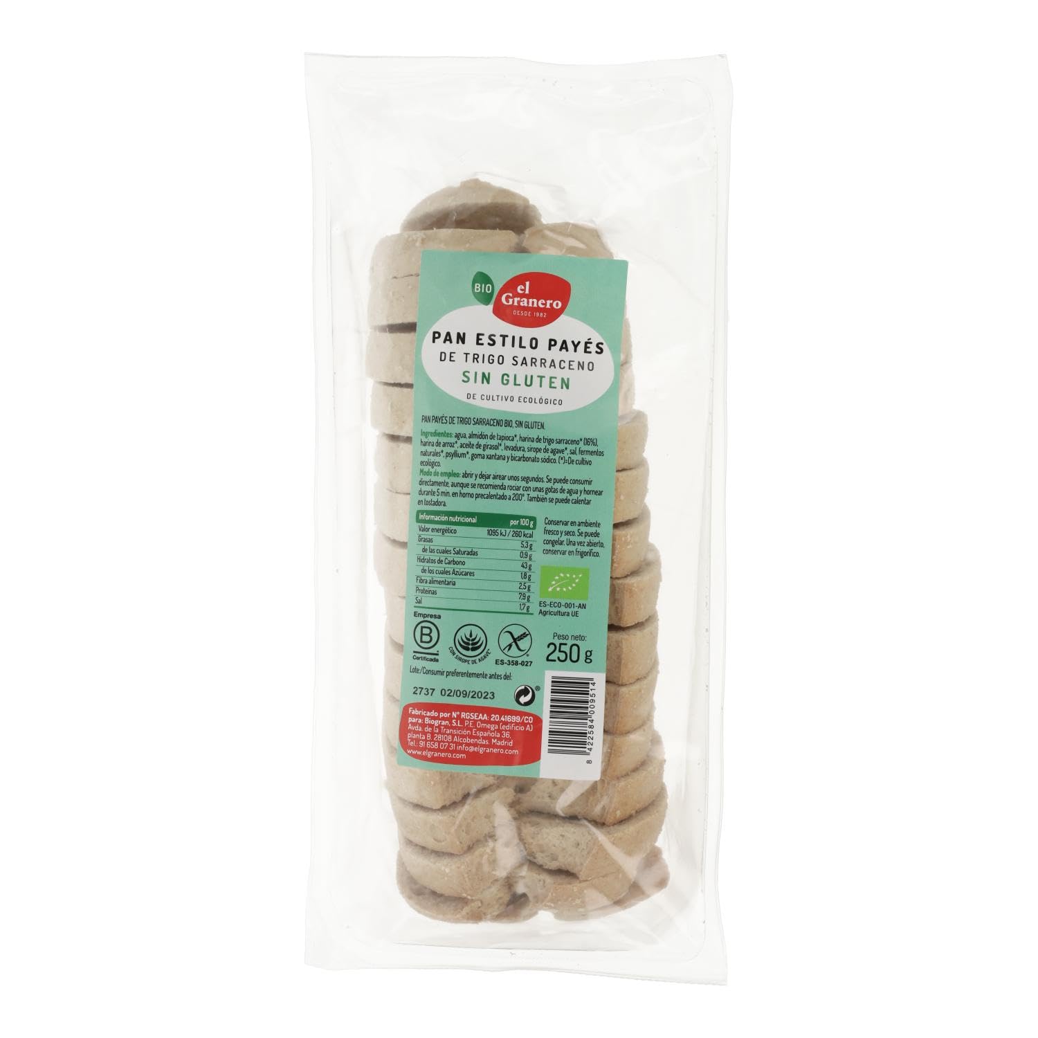 Pan Payés con Trigo Sarraceno Sin Gluten BIO El Granero Integral 250 g Alto Contenido en Proteínas y Minerales