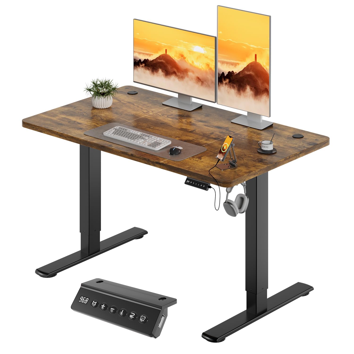 JUMMICO Höhenverstellbarer Elektrischer Schreibtisch 120 x 60 cm mit USB Ladeanschluss, Schreibtisch Höhenverstellbar, Ergonomischer Steh-Sitz Tisch Dunkelbraun