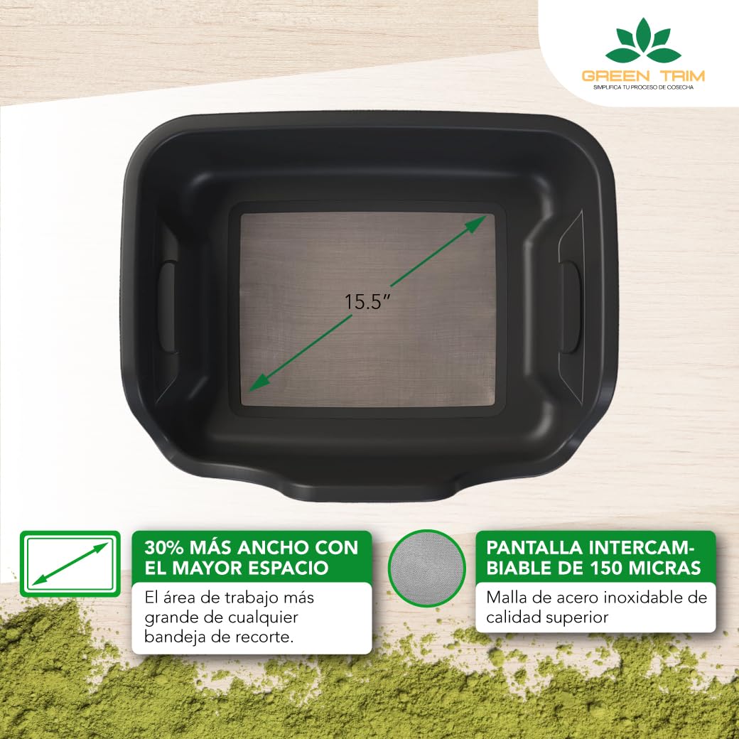 Green Trim-Bandeja de Recorte y recolección XXL, 150 micras de Malla tamiz de Polen, Comodidad para el Trimming Manual con Huecos ergonómicos, Doble Bandeja tamizador. Herramientas Cosecha Incluidas