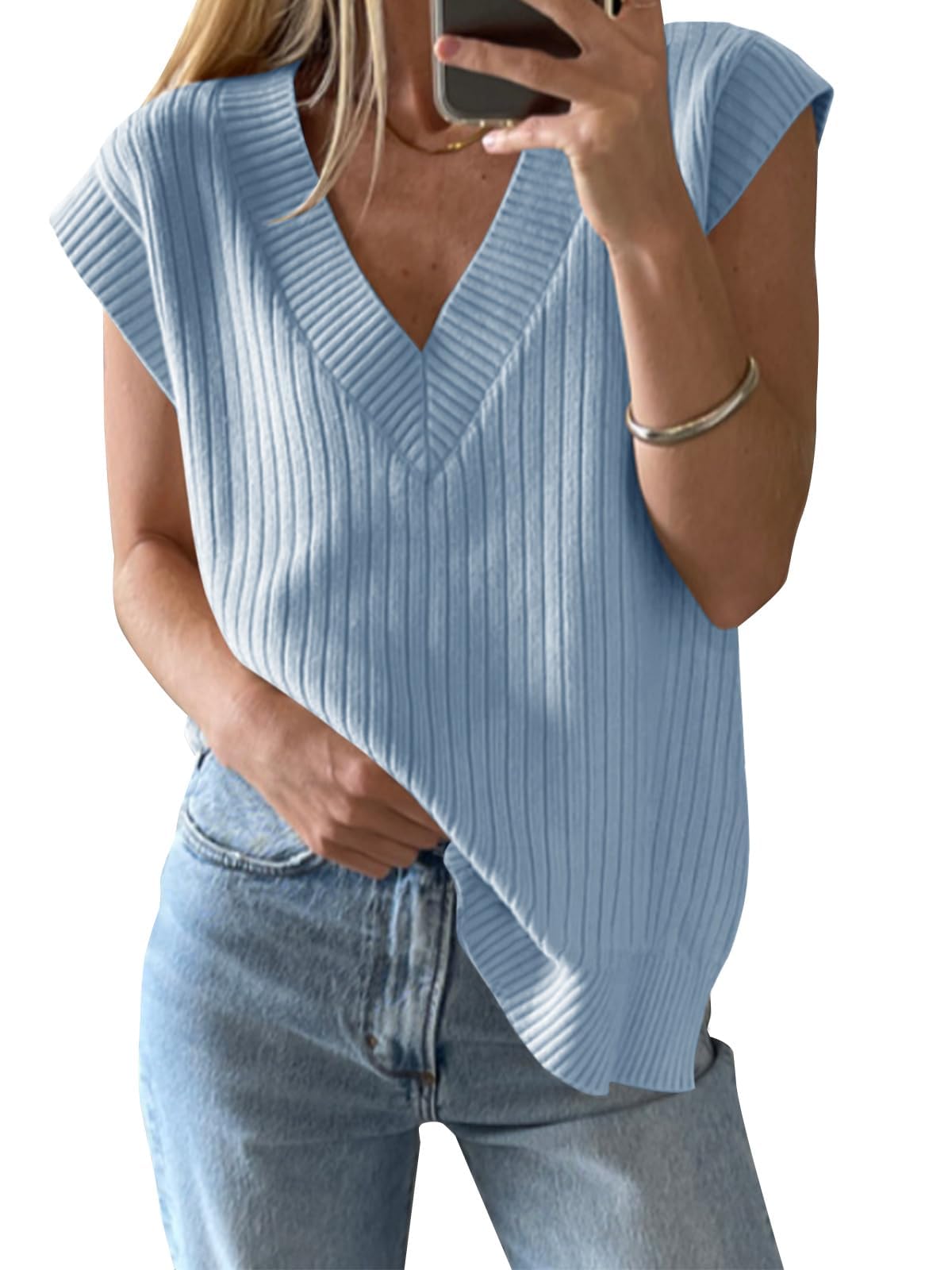 Saodimallsu Damen V-Ausschnitt Pullover Weste Oversized Ärmellos Tank Tops Leichtgewicht Strickpullover Sommer Elegante Oberteil