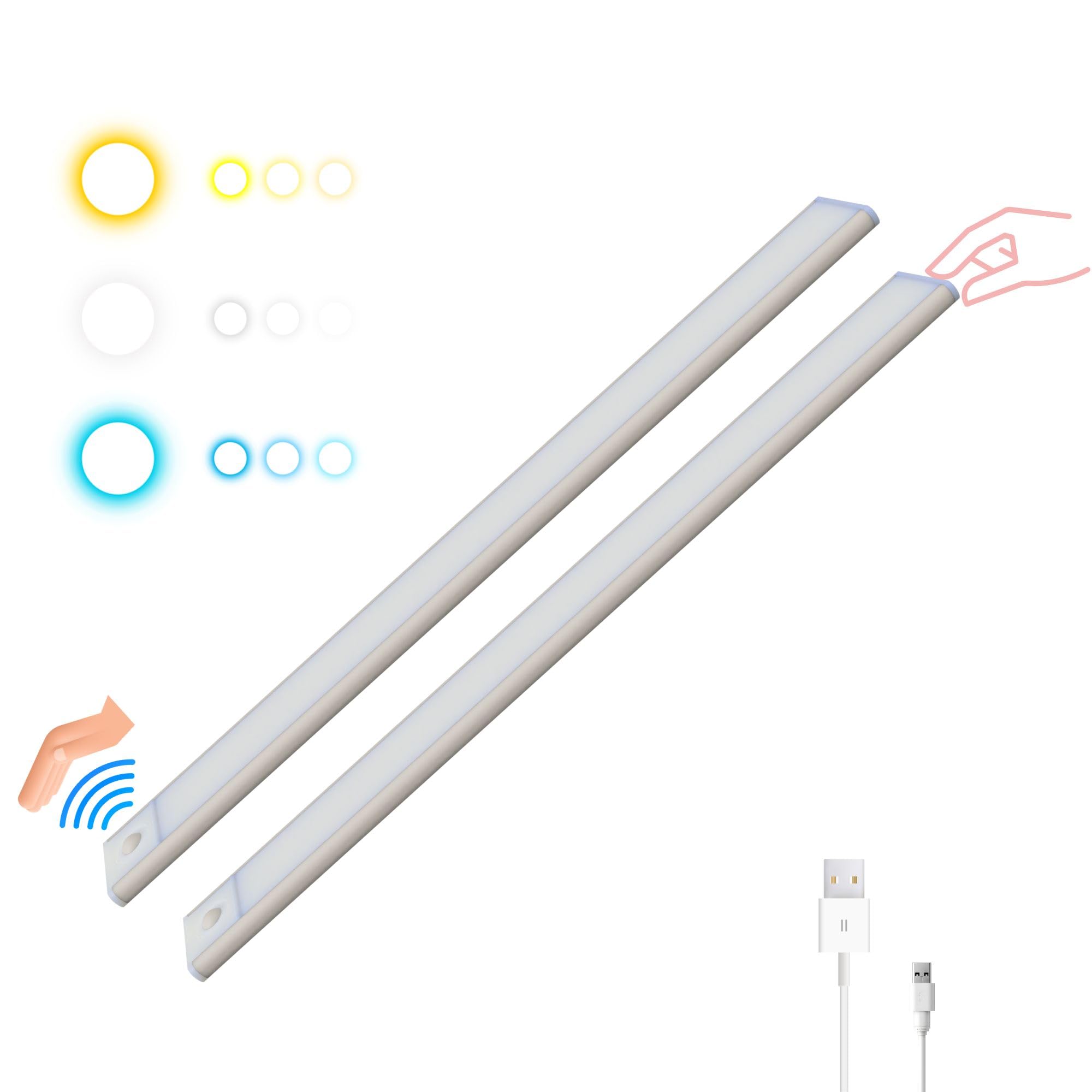 Luces LED para armarios y armarios – Tira LED recargable con USB – Sensor de movimiento – 3 tonos + regulable – 40 cm – de aluminio – Magnética (gris, 2 unidades)