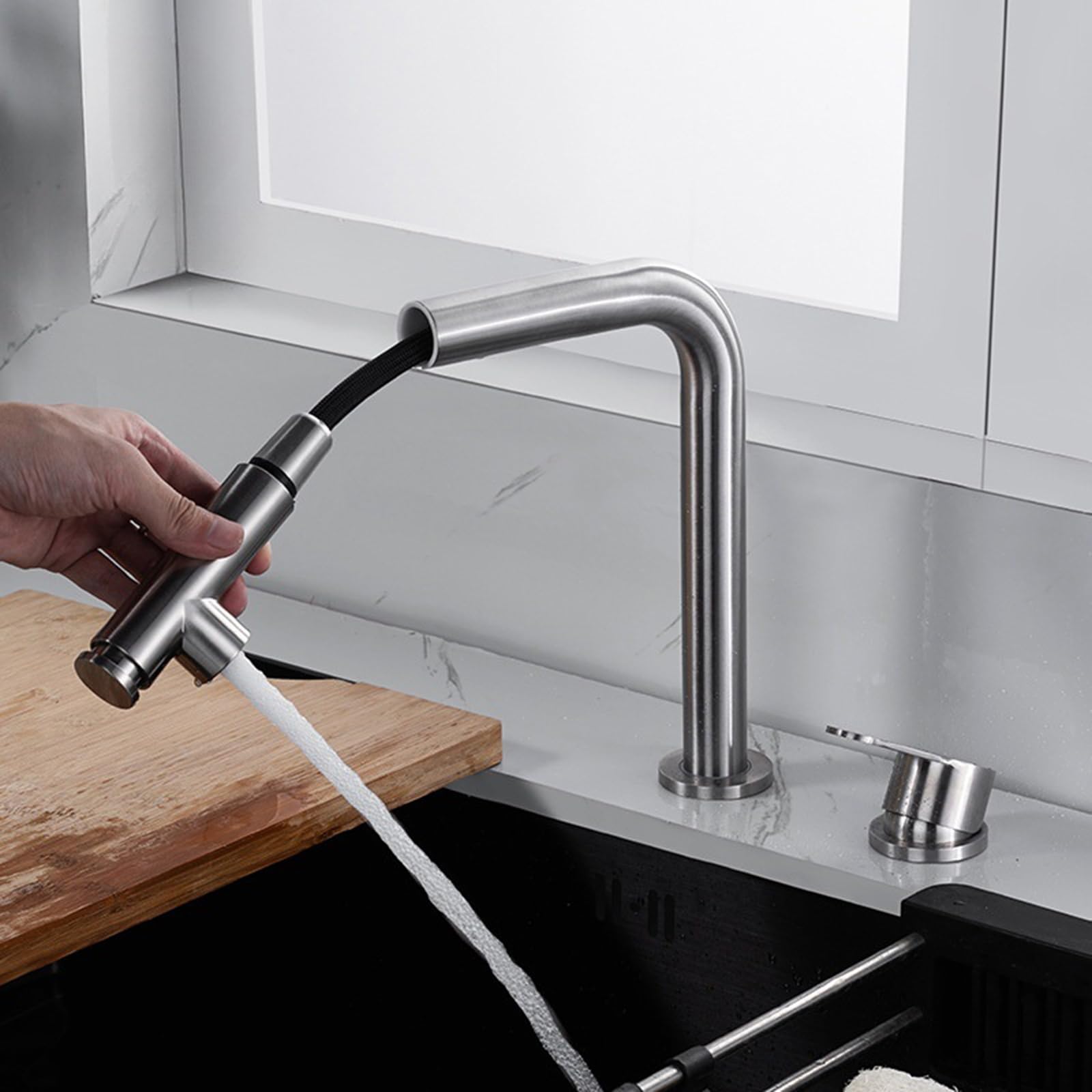 XJTNLB Grifo Cocina Extraible Cepillado Grifos Cocina Fregadero Negro para Ventana Rotación de 360 ° Grifo de Cocina Fregadero Monomando