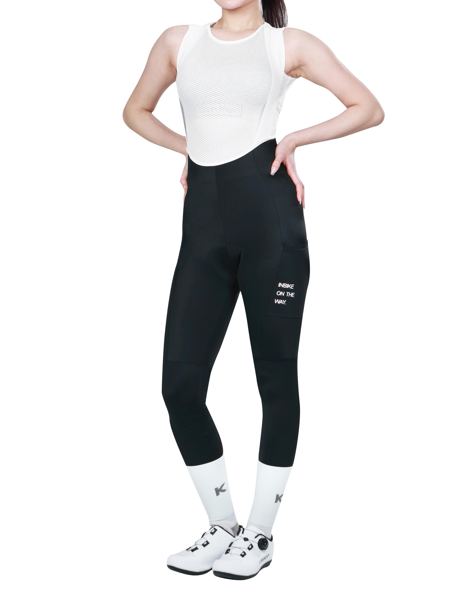 INBIKE Bib Hose Trägerhose Fahrradhose Damen Gepolstert Radunterhose Rennradhose Radlerhose Lang mit 3D Sitzpolsterung Einer Tasche Atmungsaktiv Hochelastisch,M