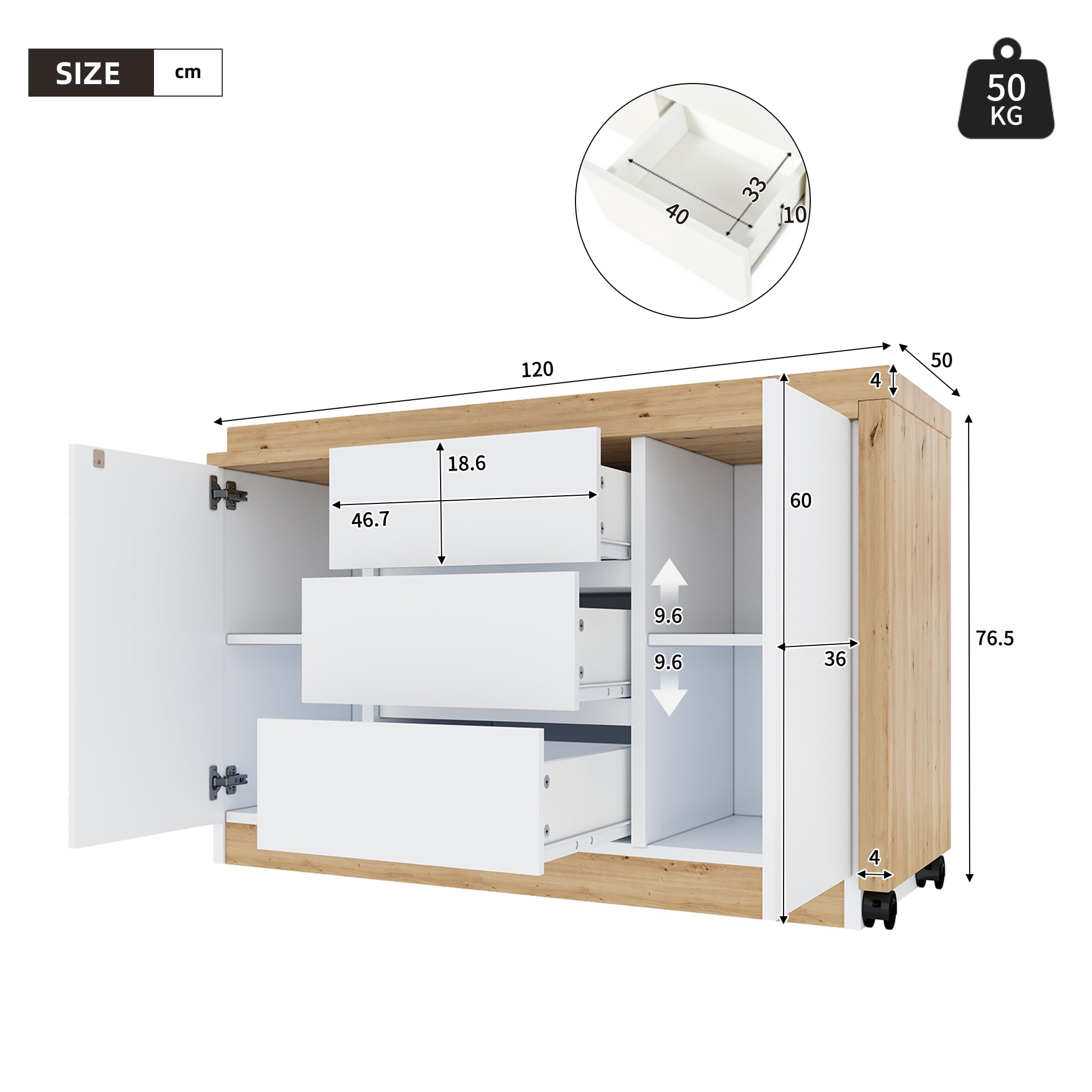 Lexiou Escritorio con ruedas con bloqueo, diseño multifuncional, 4 cm más grueso, mesa giratoria con bloqueo fijo, escritorio plegable, escritorio de esquina, aparador (roble + blanco)