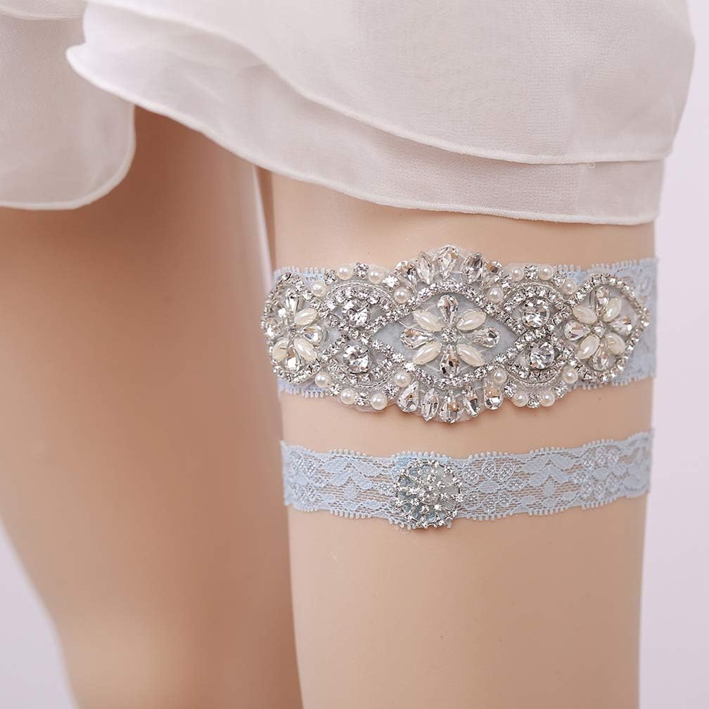 Ealafee Something Blue for Bride on Wedding Garter Set Lace Wedding Garter for Bride Garter Belt Set 2 Pcs