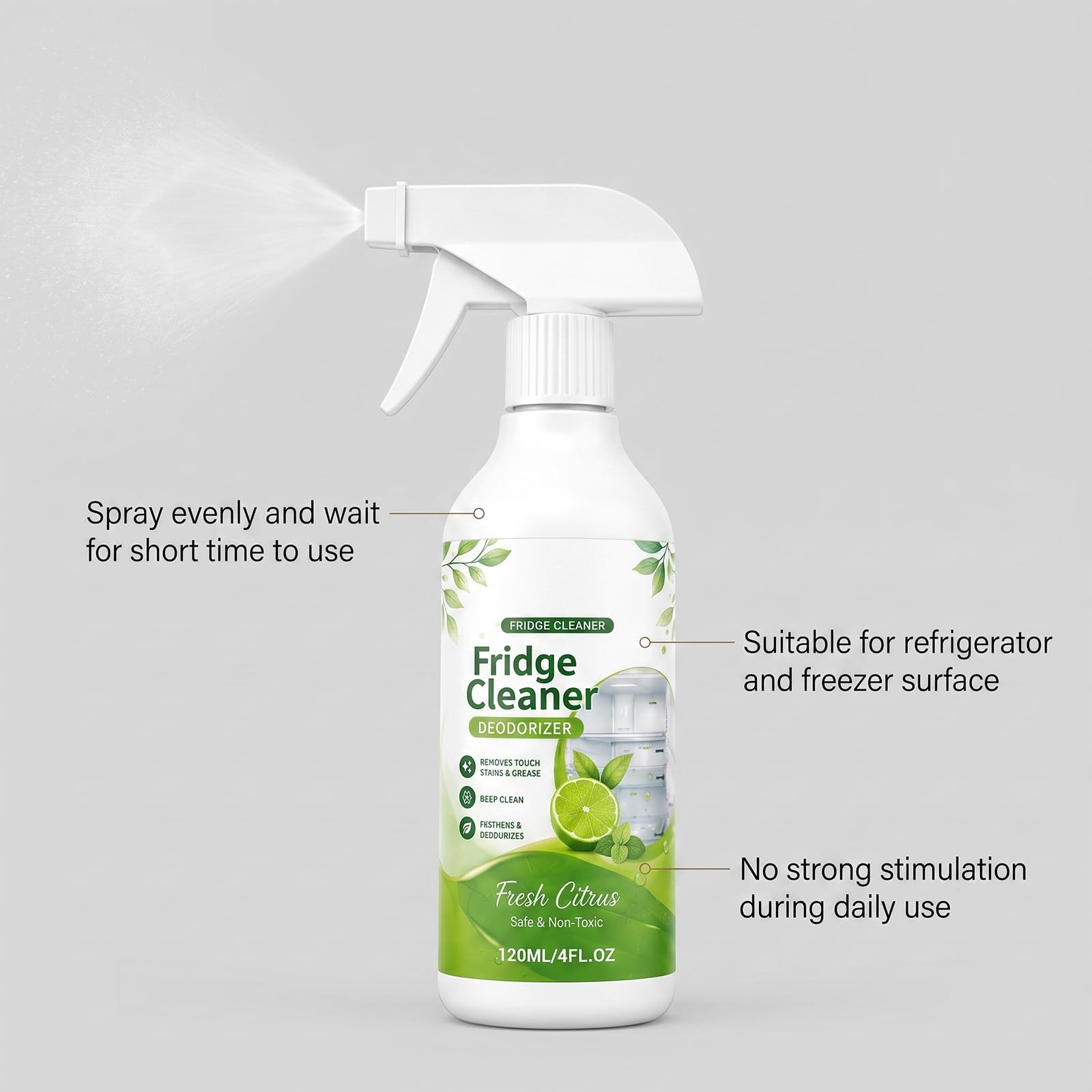 Detergente spray per la pulizia profonda, elimina gli odori del frigorifero con formula per macchie profonde, potente rimozione del grasso e deodorante, adatto per congelatori, frigoriferi e superfici