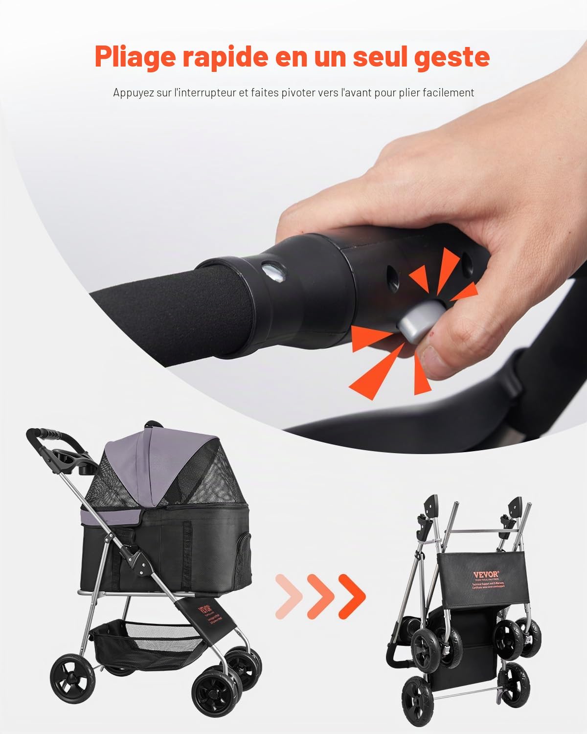 VEVOR Poussette pour Chien Animaux de Compagnie Pliable, Capacité de Charge 16 kg, avec 4 Roues et Freins Arrière, Fenêtres en Maille, pour Chiens, Chats, Animaux de Compagnie Taille Petite Moyenne