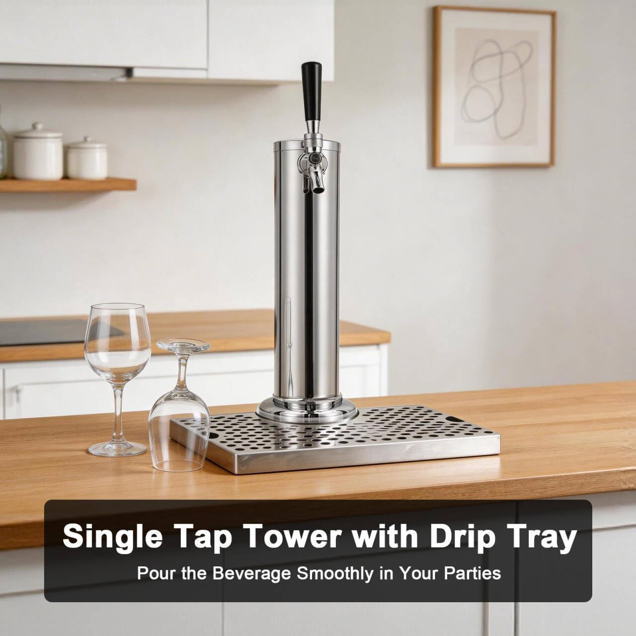 Single Tap Kegerator Tower Beer Tap Tower with Stainless Steel Beer Drip Tray, Pre-installed Draft Beer Keg Tower with Kegerator Parts Keg Drip Tray for Homebrew