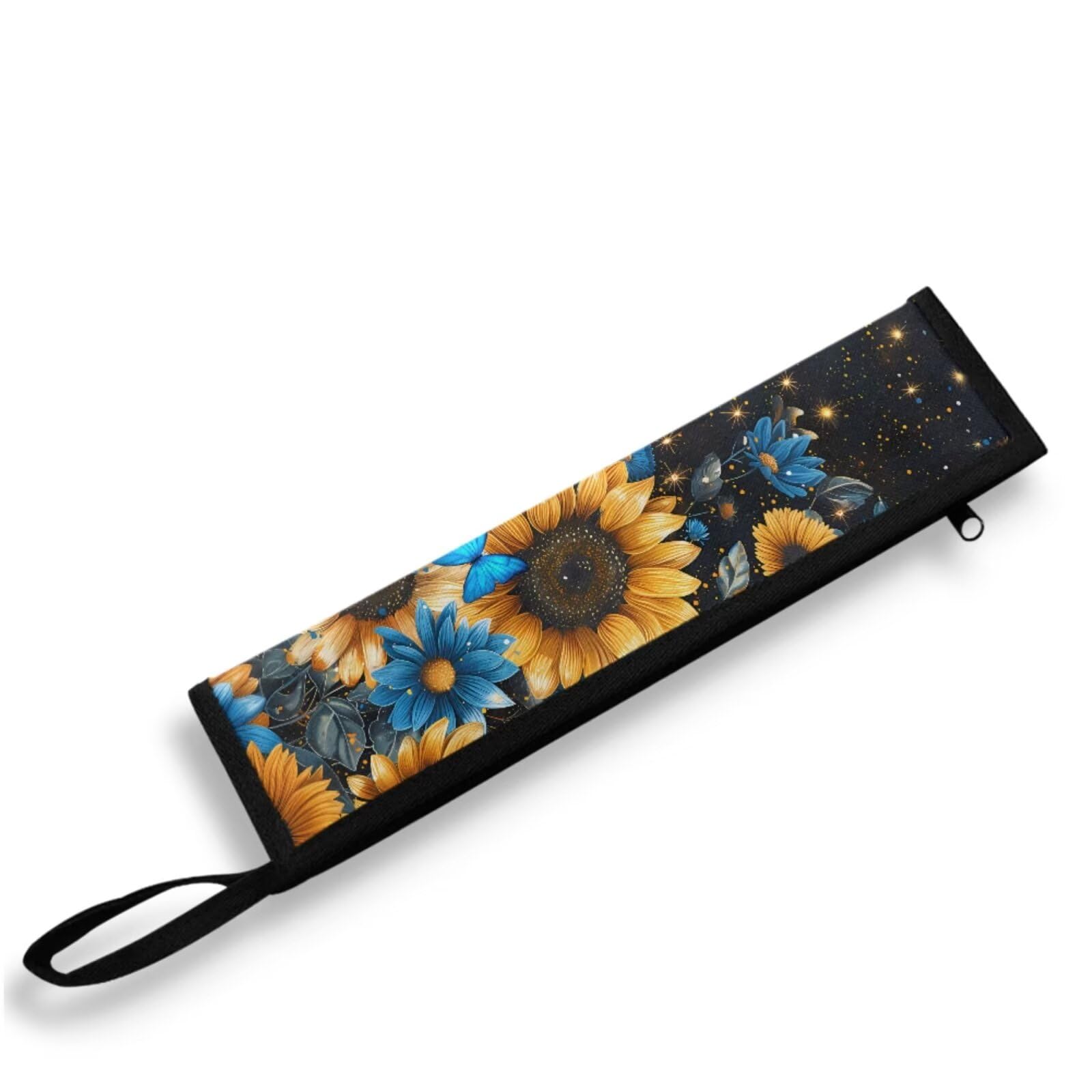COEQINE Sunflower Utensil Case Black Cutlery Pouch Metal Straw Case Reusable Tableware Carrying Bag Zipper Flatware Bag Portable Travel Utensil Holder for Straw Knife Spoon Fork Chopsticks Gift
