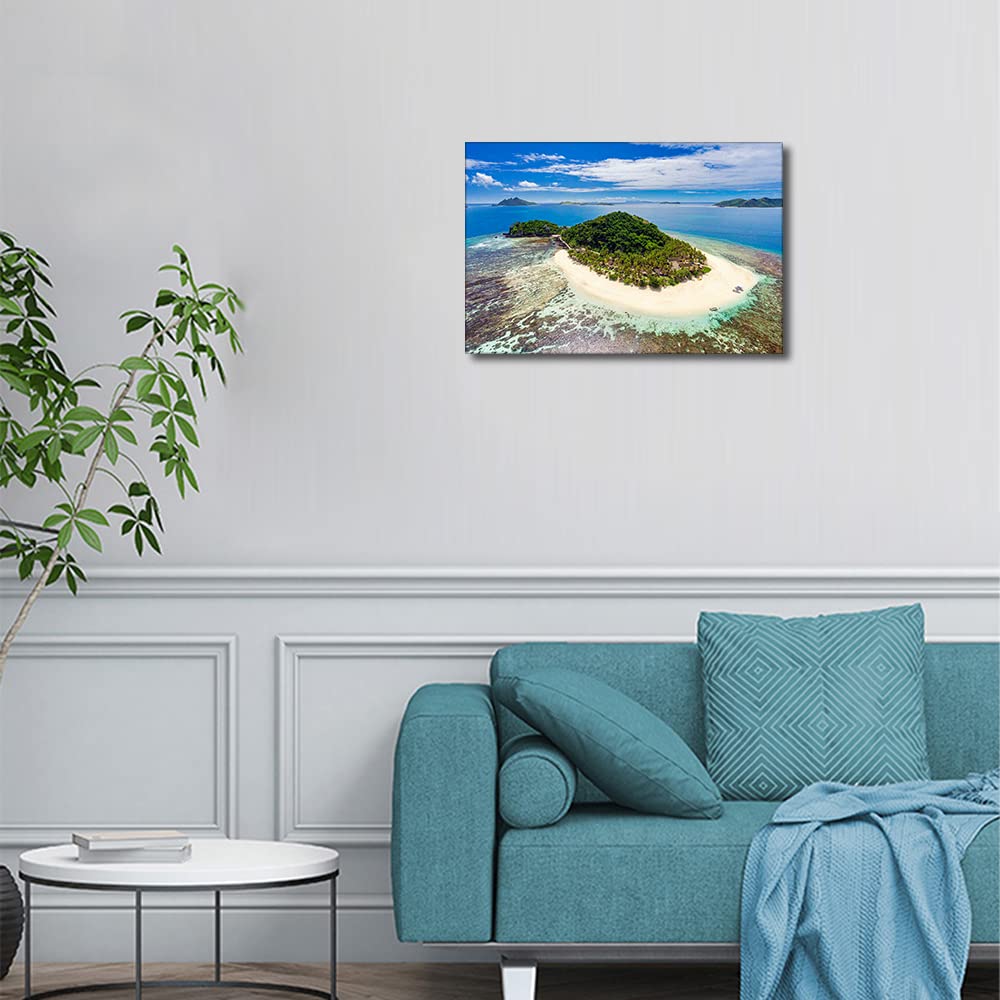 Living Room Decor Wall Art Matamanoa Island Fiji Turquoise Holidays Wall Art Sea Beach Blue Sky Wall Decoration for Bedrrom Room Office Bathroom Artwork for Home Walls Framed (16Wx24H inches) - Image 3