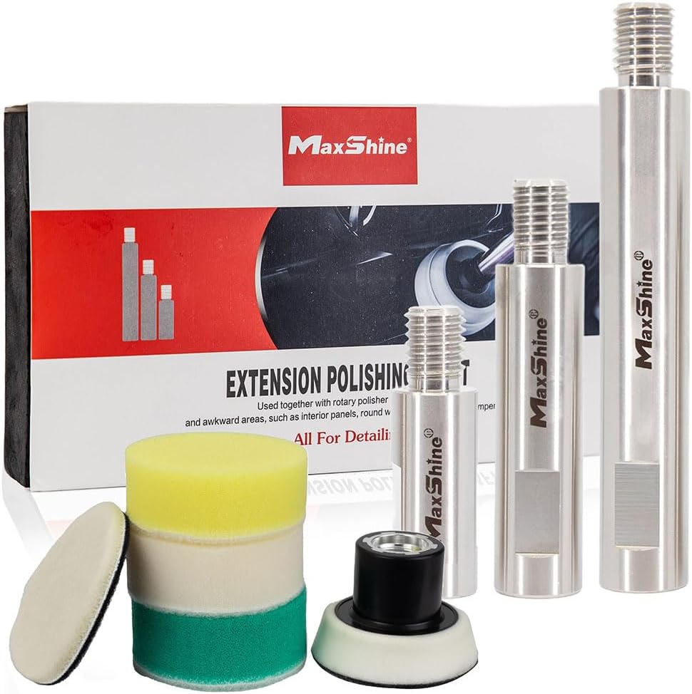 Maxshine Universal 3-Piece Stainless Steel Extension Shaft Set & 2” Foam Polishing Kit | 2”, 3” & 5” Extensions Fit 5/8” Backing Plate & Grinder Attachments | Polishing & Rotary Polisher Accessory