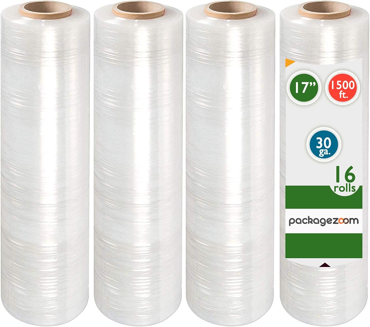 PackageZoom Pre Stretched 17” x 1500 ft 16 Rolls Stretch Wrap Film Clear Cling Plastic for Moving and Packaging Stretch Wrap