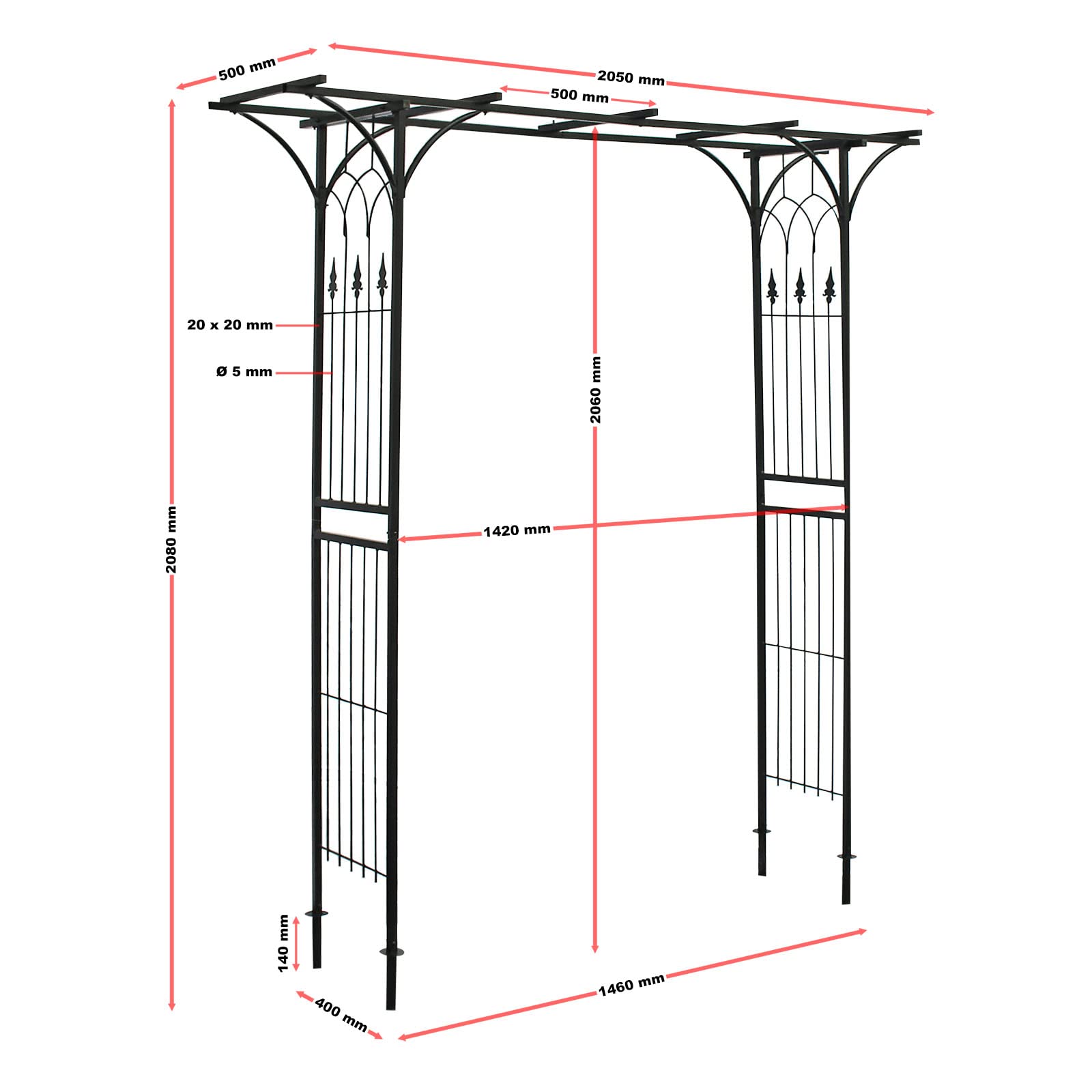 Wiltec Arco da giardino per rose e piante rampicanti 205x50x208cm acciaio nero