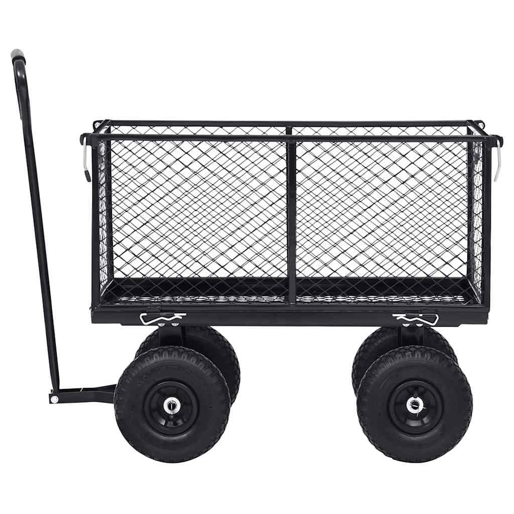 Gartenwagen Schwarz aus Stahl 86x46,5x97 cm mit 350 kg Tragkraft, Seitenwände zum Öffnen, PU-Gummiräder, Transportwagen für Garten, Sackkarre, Rollwagen, Trolley, Plattformwagen