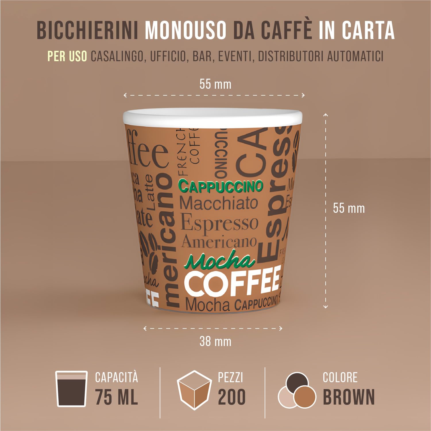 CARTOSPEDÌA – 200 Bicchierini Caffè Carta, 75 ml, Bicchieri Caffe Monouso Biodegradabili per Espresso, Accessori Caffe indispensabili, Espresso Cup Made in Italy 100%, Brown