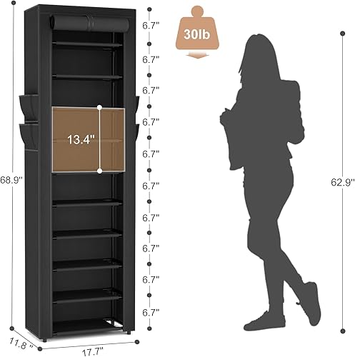 Miniatura 3 de VTRIN - Zapatero alto, organizador estrecho y vertical para armario o recibidor, 10 niveles, cubierta no tejida, contiene 20-22 pares de zapatos