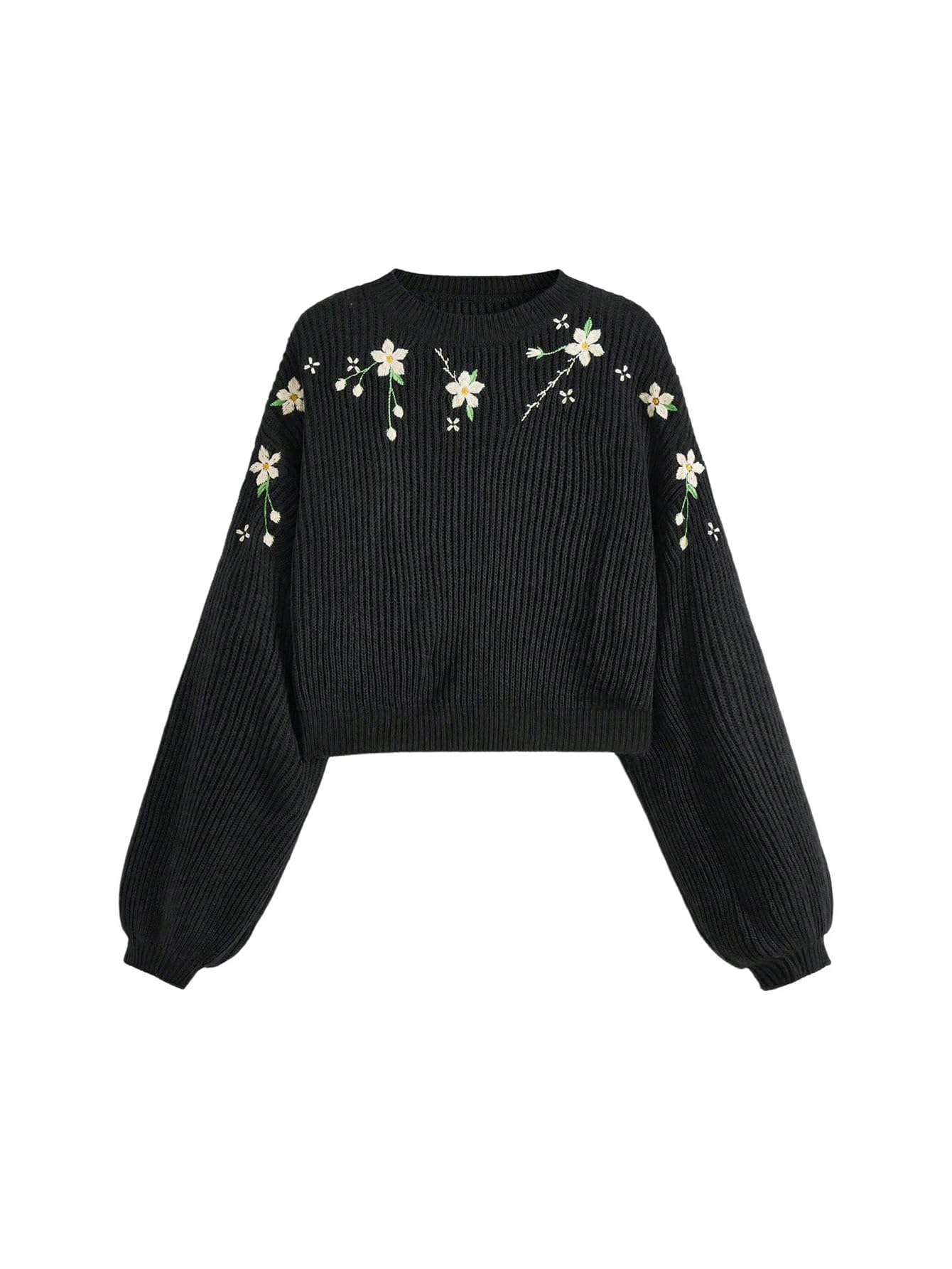 Womens Plus Size Floral Embroidered Sweater Pullover Crew Neck Long Sleeve Knitted Top Jumper