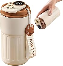 Primwand Insulated Coffee Travel Mug, 450ml, Digital Temperature Display, Leakproof Double Wall Design, Cream and Brown