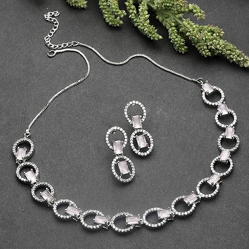 Image of ZENEME Rhodium-Plated American Diamond Studded Disc-Shaped Necklace With Earrings Jewellery Set For Girls and Women