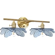 2 Light Bathroom Vanity Light Gold Brass Wall Sconce with Blue Flower Glass Shade Mid Century Wall Light Vintage Wall Sconce Art Deco Bathroom Lights Over Mirror for Bedroom Hallway Living Room