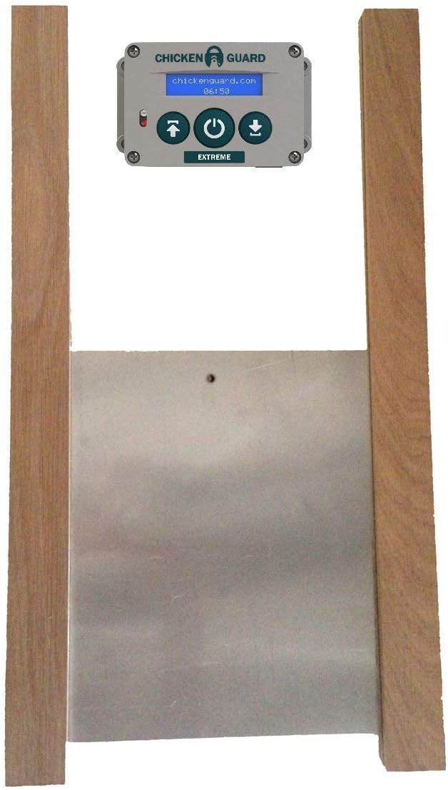 ChickenGuard Classic Door Kit Combi - 'Extreme' Auto Coop Door Opener Plus Aluminium Pop Hole Door with Oak Runners, Indoor/Outdoor Automatic Chicken Coop, Backyard Hen House Accessory
