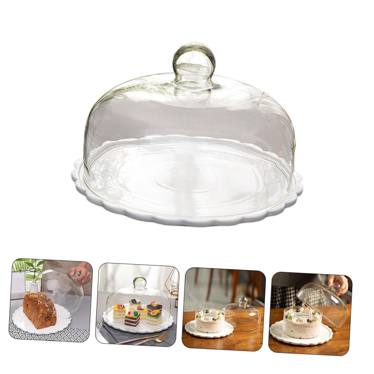 PRETYZOOM Cubierta de Vidrio para Pasteles y Pan Plato Cerámico Blanco