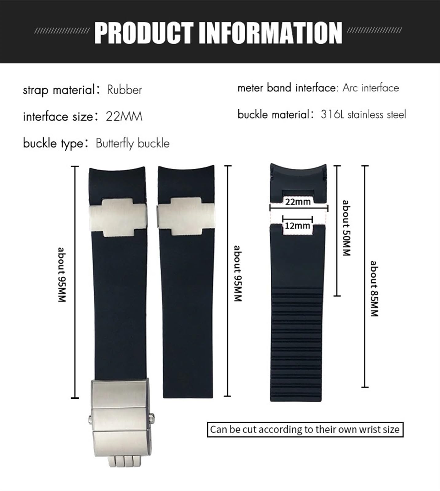 22 mm gumowe silikonowe paski do zegarków do Ulysse Nardin Diver składana klamra srebrna różowa złota czarny niebieski pasek do zegarka, Kolor czarny, 22mm