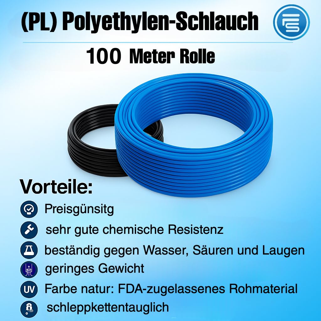 Fittingstore Tuyau en polyéthylène PL 100 m – Tuyau pneumatique en polyuréthane, résistant aux produits chimiques, flexible 4/2 mm, 6/4 mm, 8/6 mm, 10/8 mm