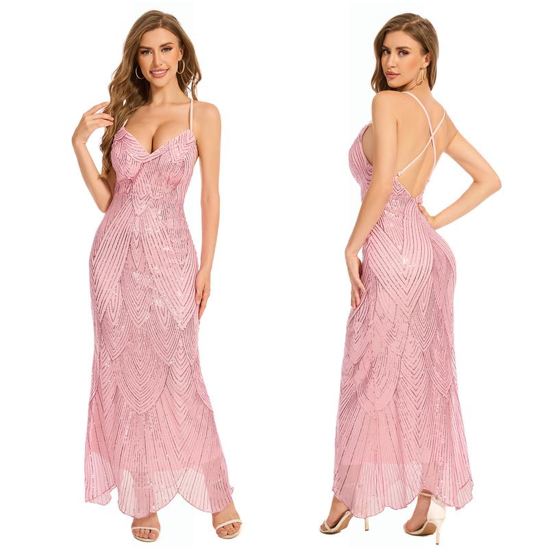 Women's V Neck Spaghetti Straps Sequin Sparkly Glitter Irregular Hem Prom Dress Bcakless Maxi...