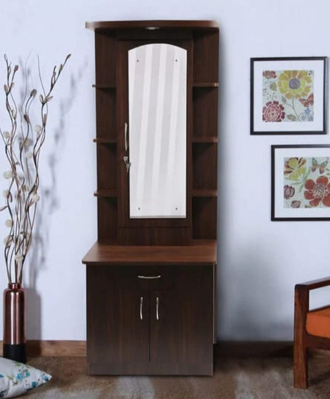 Hexagon Furnitures Dressing Table | American Walnut Finish with Shelves and Drawer-image-4