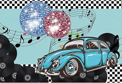 Renaiss Telón de fondo de 1950 y 1950, 7 x 5 pies, bolas de discoteca, vinilos para automóvil vintage de regreso a la fotografía de los años 50, disponible en Yaxa Peru