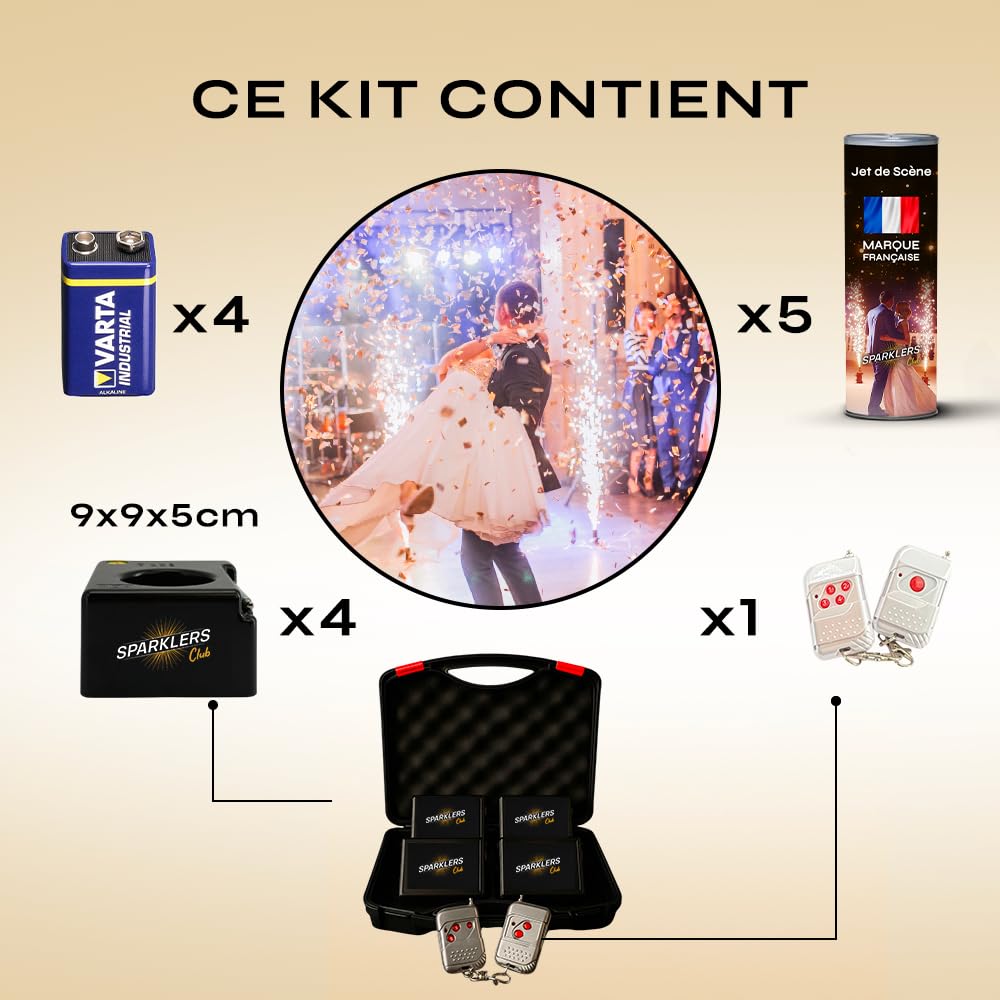 SPARKLERS CLUB Pack 4 Déclencheurs + 5 Jets de Scène 2 Mètres 30 Secondes couleur or - Pile et Télécommande Inclus - Jet de scène artifice d'Intérieur à Étincelles pour Mariage - Catégorie F1