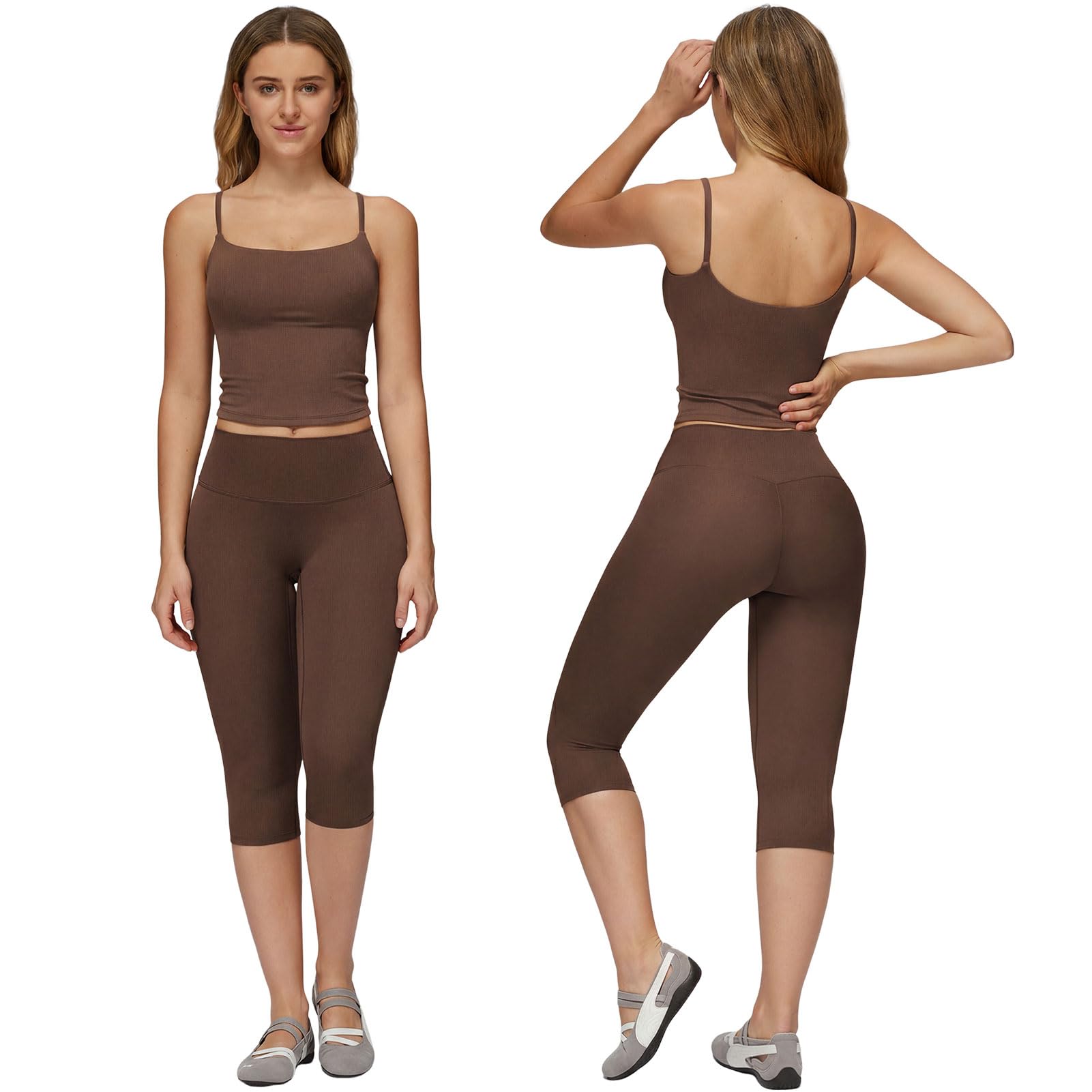 Set da yoga da donna, 2 pezzi, canotta con leggings a 3/4 | Tuta sportiva da donna, 2 pezzi, top corto + pantaloni sportivi a 3/4 a vita alta, per fitness, palestra, yoga, allenamento