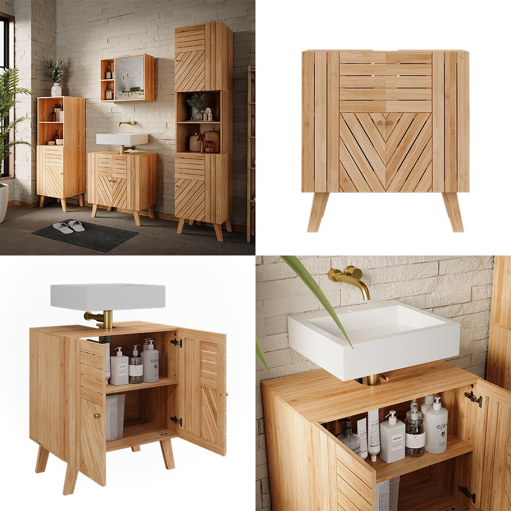 Vicco Waschbeckenunterschrank Lucie, Bambus, 60 x 65 cm mit 2 Türen, zur platzsparenden Aufbewahrung von Badutensilien geeignet