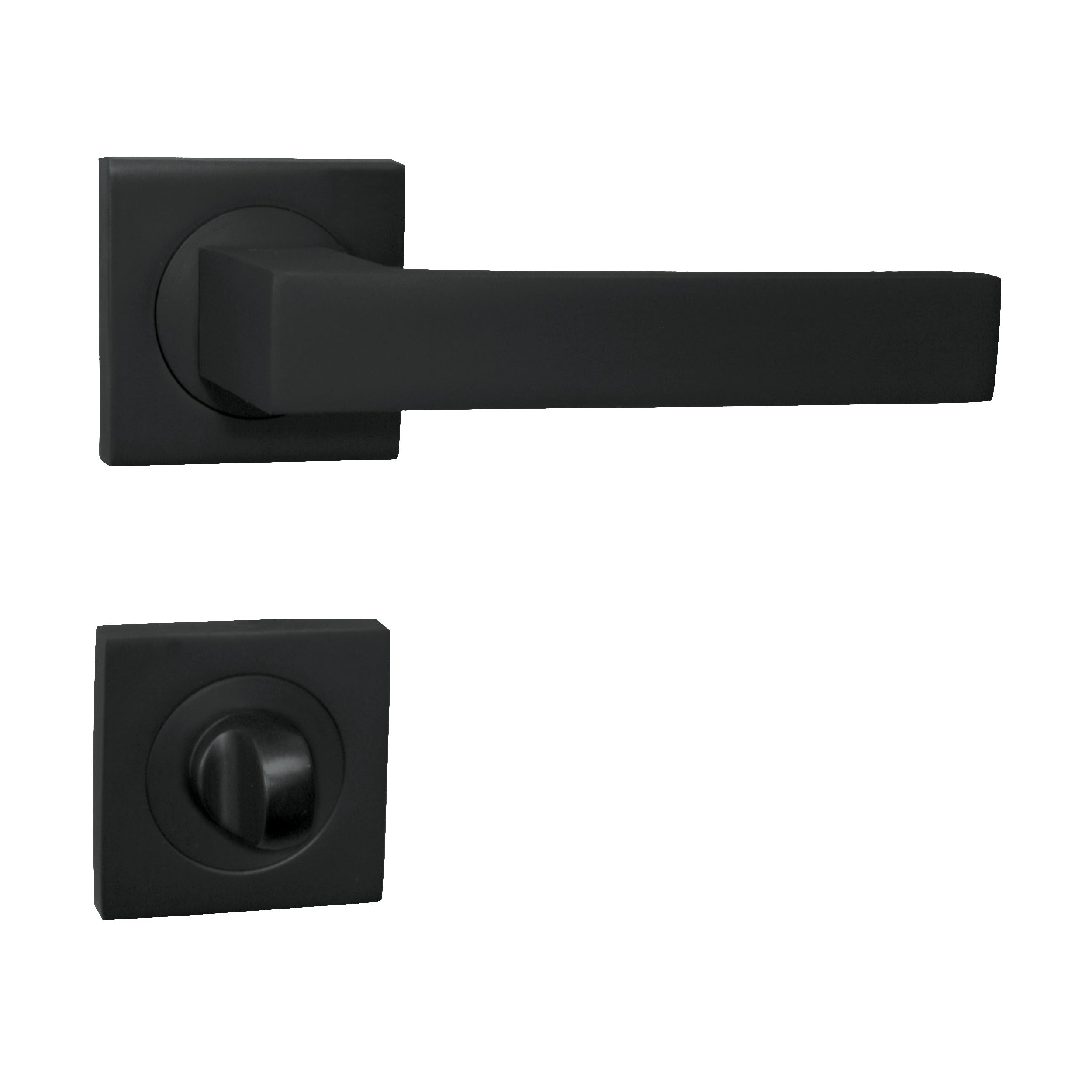 DOMINO door handle set WC - bathroom set | 4 sets for 4 pairs of doors | with square rosettes | for bathroom doors | set WC - rosette set | aluminium fittings | black lever handle set | QUBIK-QR BLACK