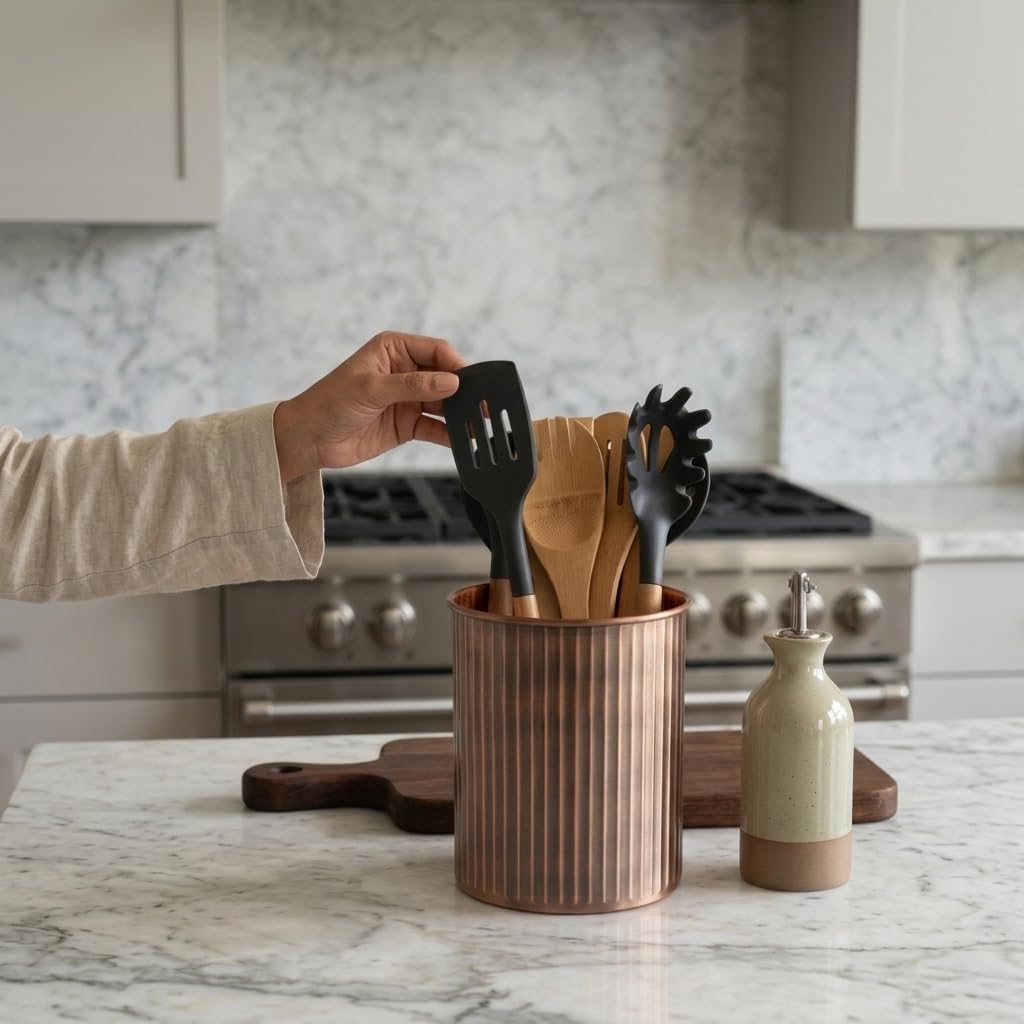 Condition photo showing New/Like New for monarch abode kitchen utensil holder – ridge embossed metal antique copper utensil holder, decorative utensil crock for kitchen counter, cooking tool and spatula holder for countertop, caddy organizer antique copper finish
