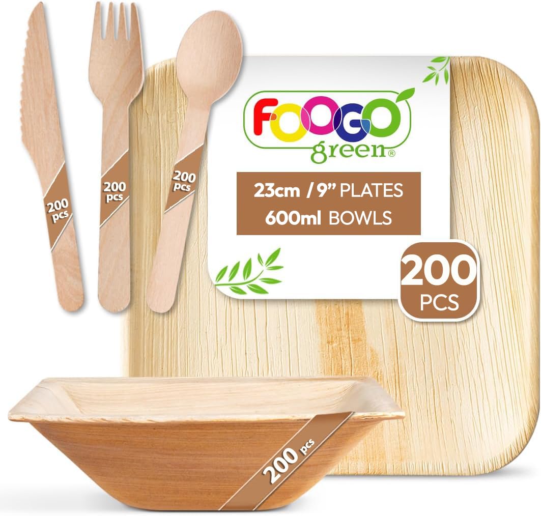 FOOGO Green 1000pcs Disposable Palm Leaf Plates, Bowls and Wooden Cutlery Set, FSC® Certified, 200x Large Square Plates, 200x Bowls, 200xForks, 200xKnives, 200xSpoons, Eco Friendly