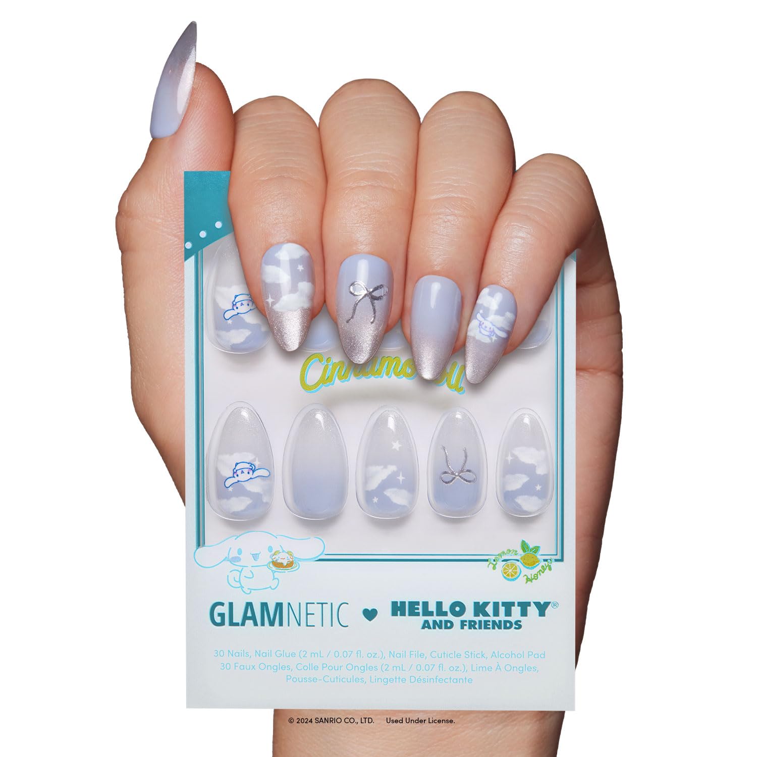Glamnetic x Hello Kitty® and Friends Press On Nails - Cinnamoroll™ Cloud | Pale Blue 3D Cloud Graphic Nails in a Velvet Finish | 15 Sizes - 30 Nail Kit with Glue
