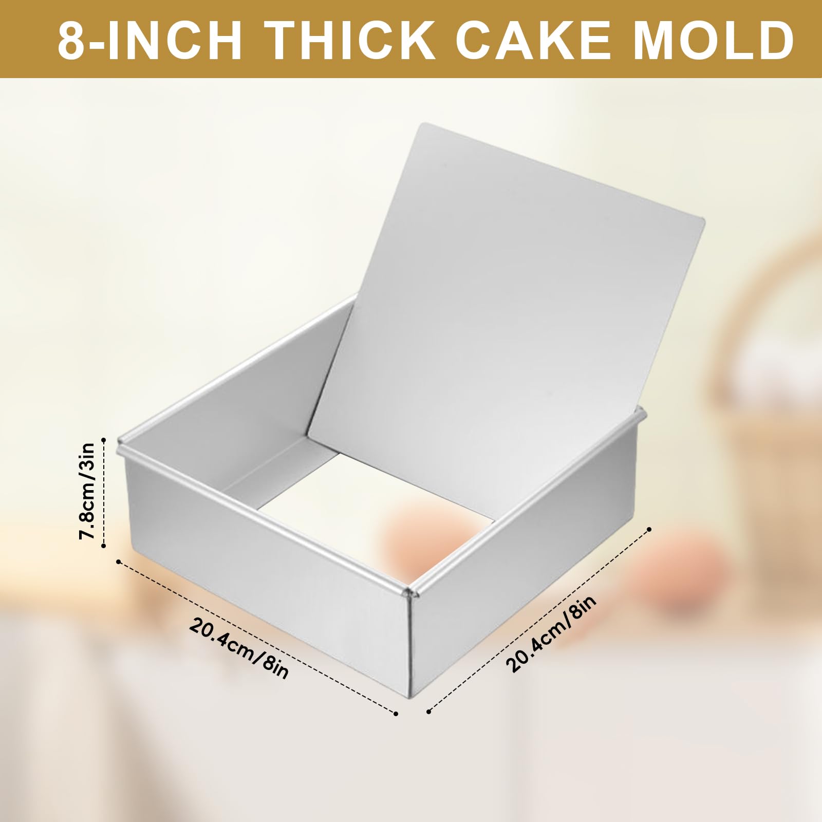 Molde cuadrado con fondo desmontable y revestimiento antiadherente, molde para tartas cuadrado de 8" plateado para tartas, brownies, lasaña (20,4 x 20,4 x 7,8 cm)