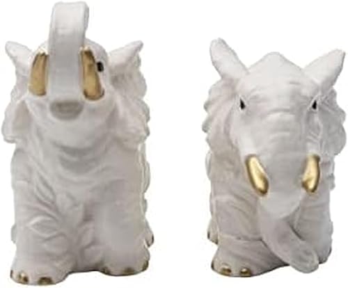 Fitz and Floyd Villa Palm Elephant - Juego de salero y pimentero hecho a mano con detalles dorados, impresionantes saleros y pimenteros de elefante