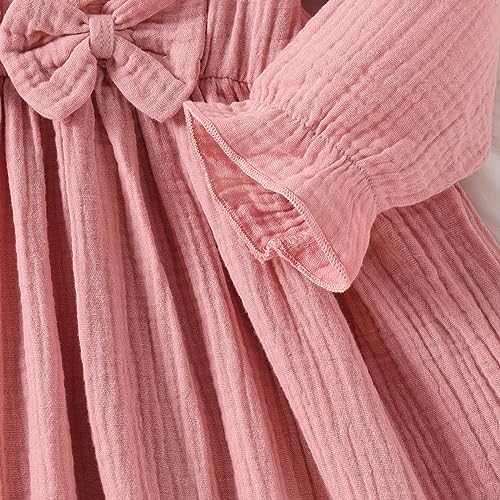 Kids Girls Cotton Dresses Spring and Autumn Long Sleeve Crew Neck Dress Solid Color Bow A Line (Pink, 5-6 Years)3
