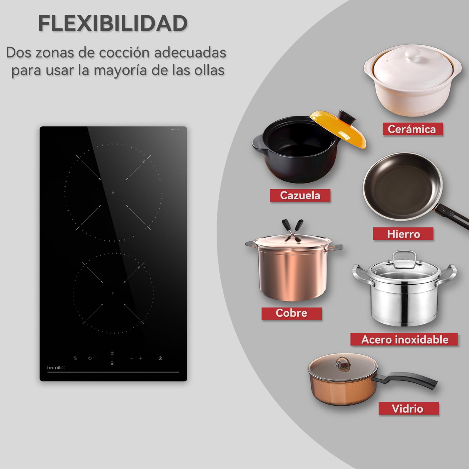 Hermitlux placa vitrocerámica 2 fuegos 28,8cm, 9 niveles de potencia, control táctil, temporizador, seguro para niños, apta para todo tipo de sartenes, 3300W — view 7