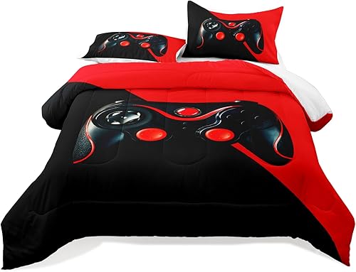 Miniatura 5 de Raphus cucullatus Juego de edredón de videojuegos para niños, tamaño individual, juegos de ropa de cama para niños, cama individual, edredón rojo y